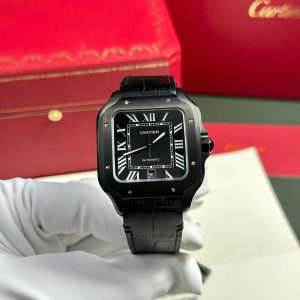 Đồng Hồ Cartier Santos de Cartier Replica Luxury Dây Da Đen Nhà Máy BV 39.8mm