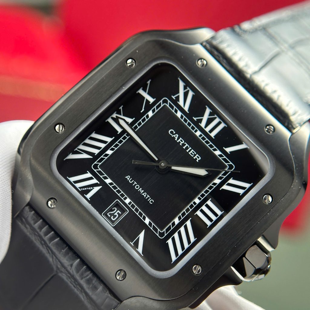 Đồng Hồ Cartier Santos de Cartier Replica Luxury Dây Da Đen Nhà Máy BV 39.8mm