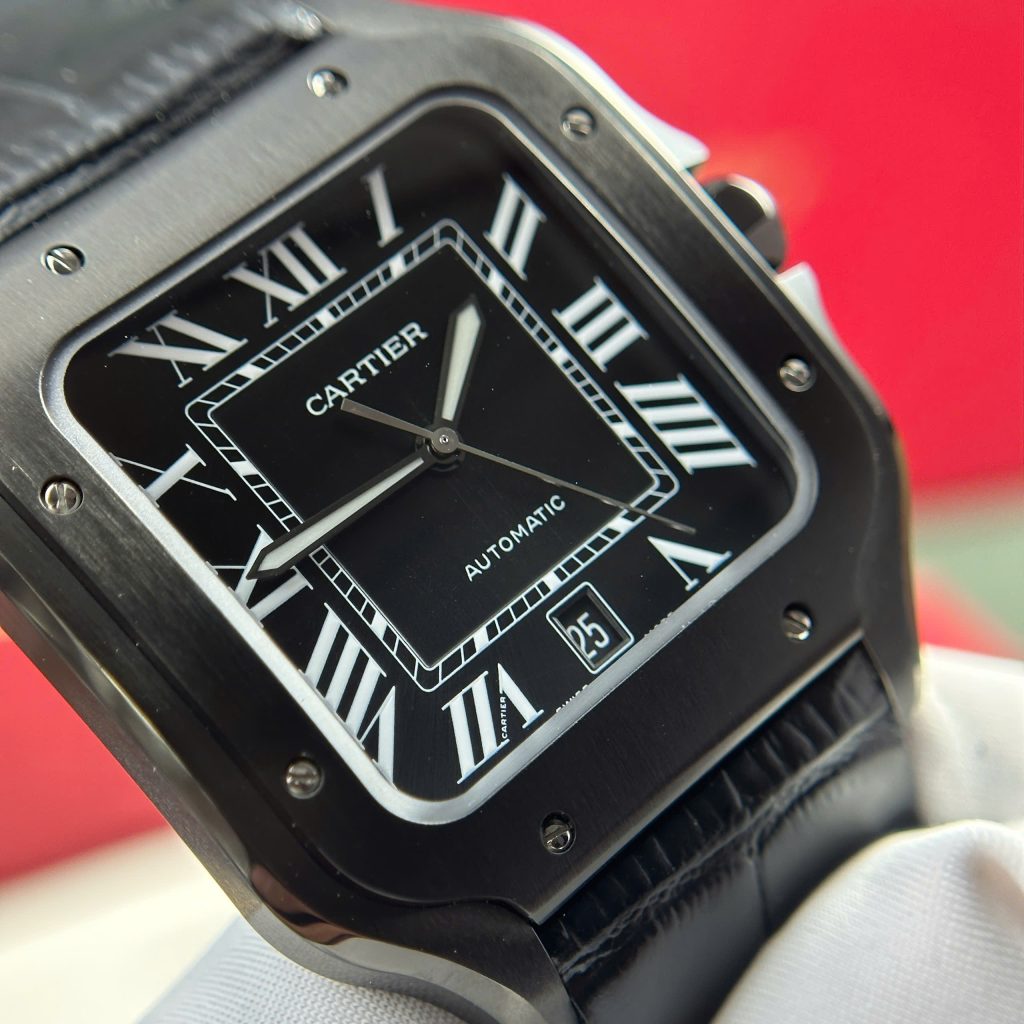 Đồng Hồ Cartier Santos de Cartier Replica Luxury Dây Da Đen Nhà Máy BV 39.8mm